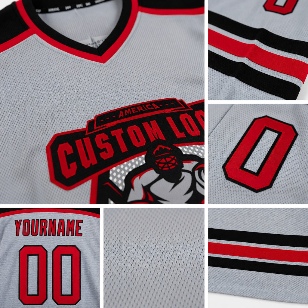 Custom Gray Red-Black Hockey Jersey detail