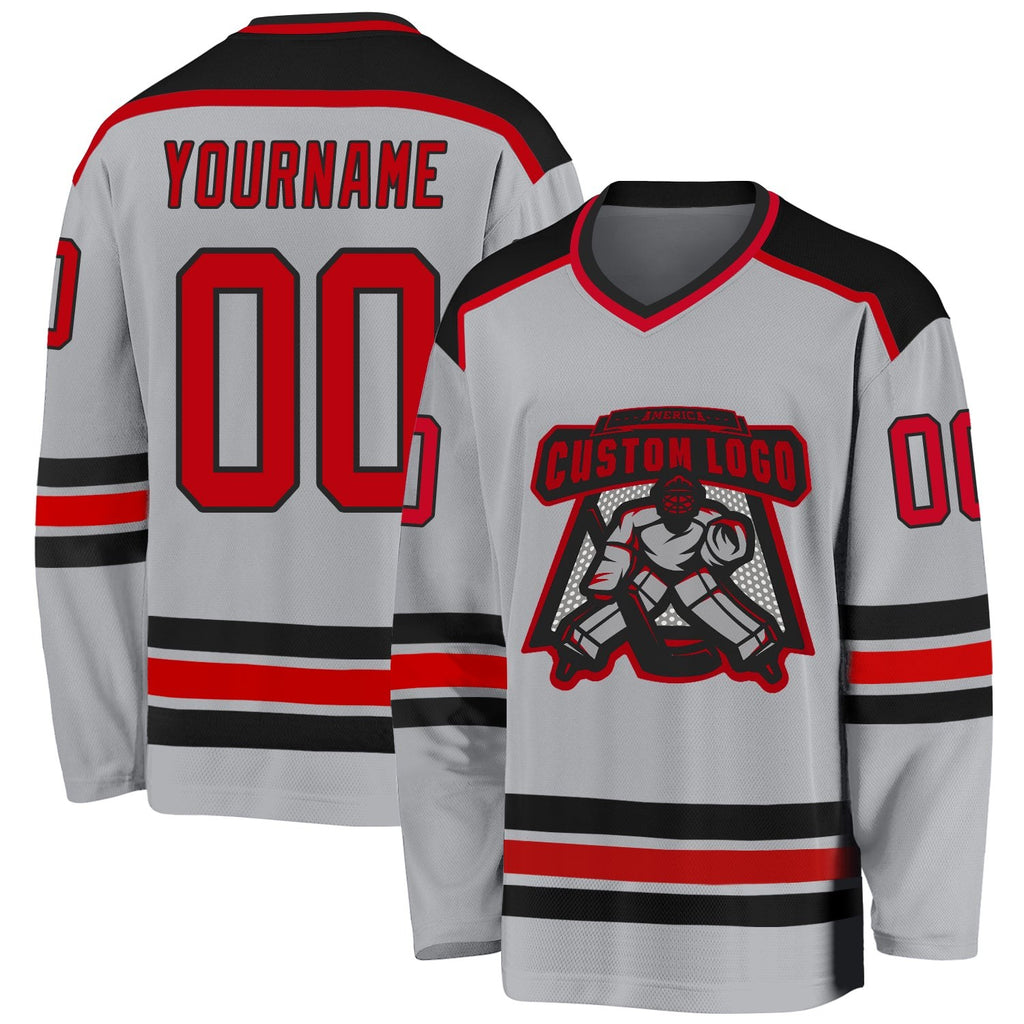 Custom Gray Red-Black Hockey Jersey photo 1