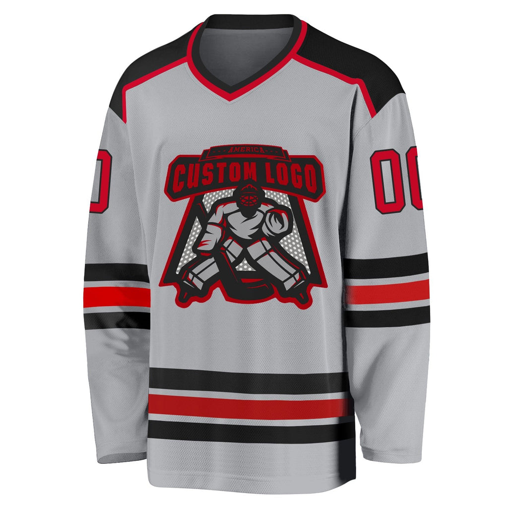 Custom Gray Red-Black Hockey Jersey photo 2