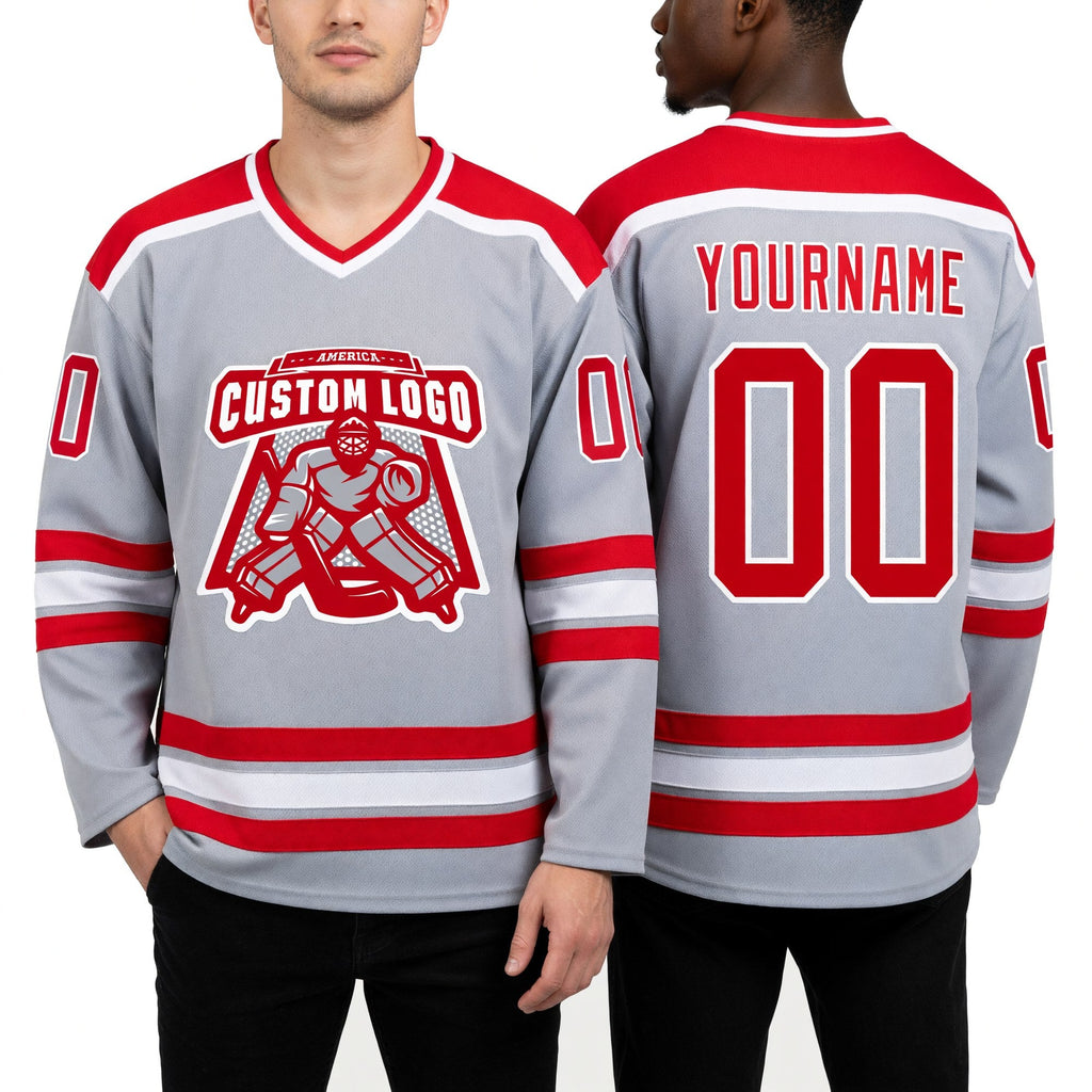 Custom Gray Red-White Hockey Jersey worn front and back