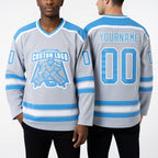 Custom Gray Light Blue-White Hockey Jersey worn front and back