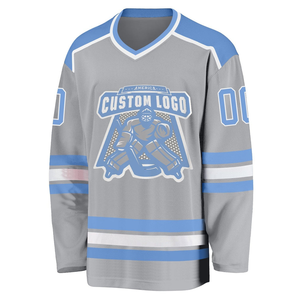 Custom Gray Light Blue-White Hockey Jersey photo 2