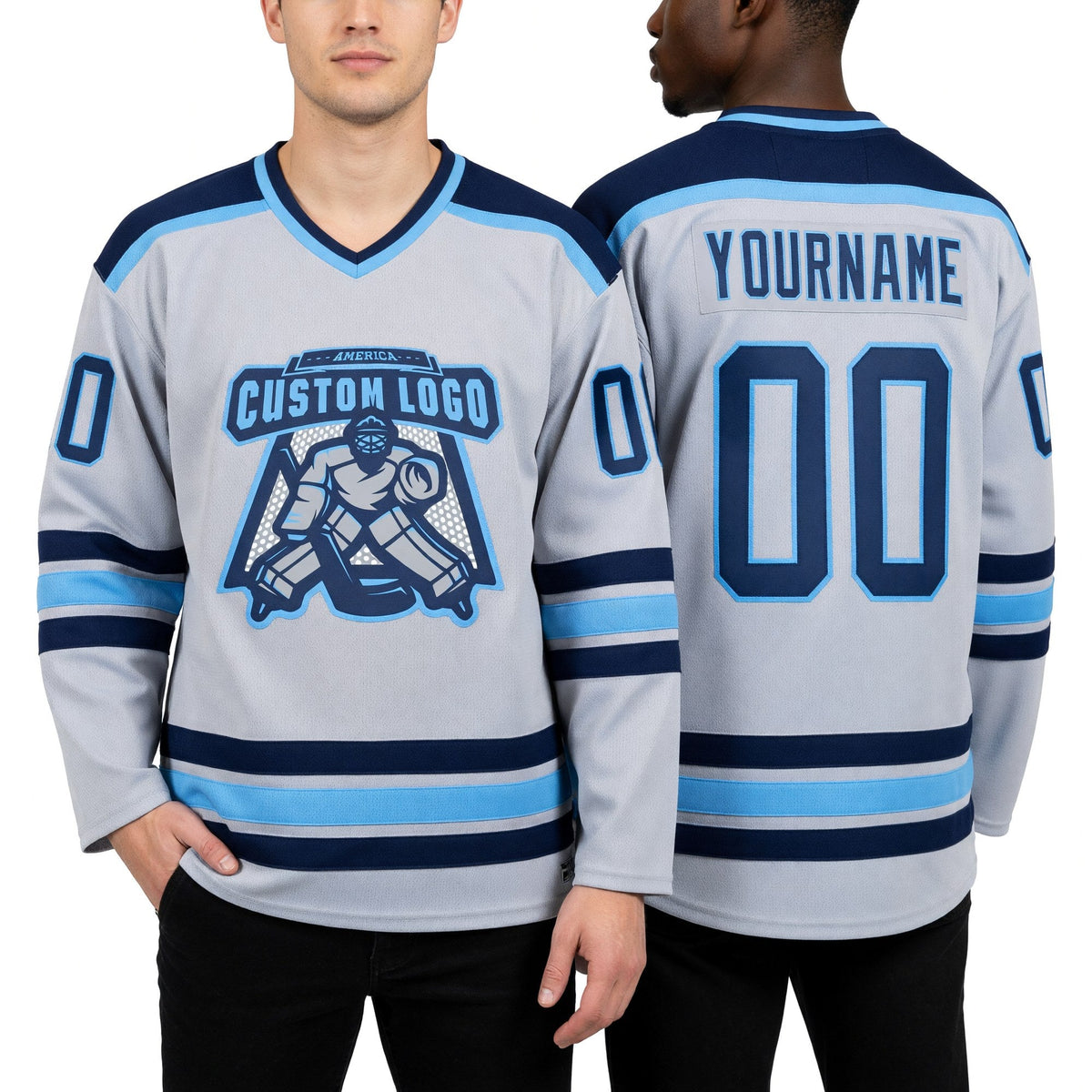 Custom Gray Navy-Light Blue Hockey Jersey worn front and back