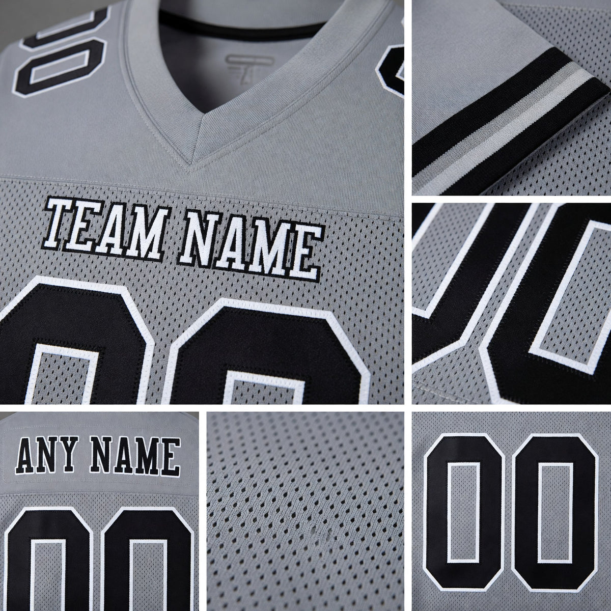 Custom Gray Black-White Mesh Authentic Football Jersey detail