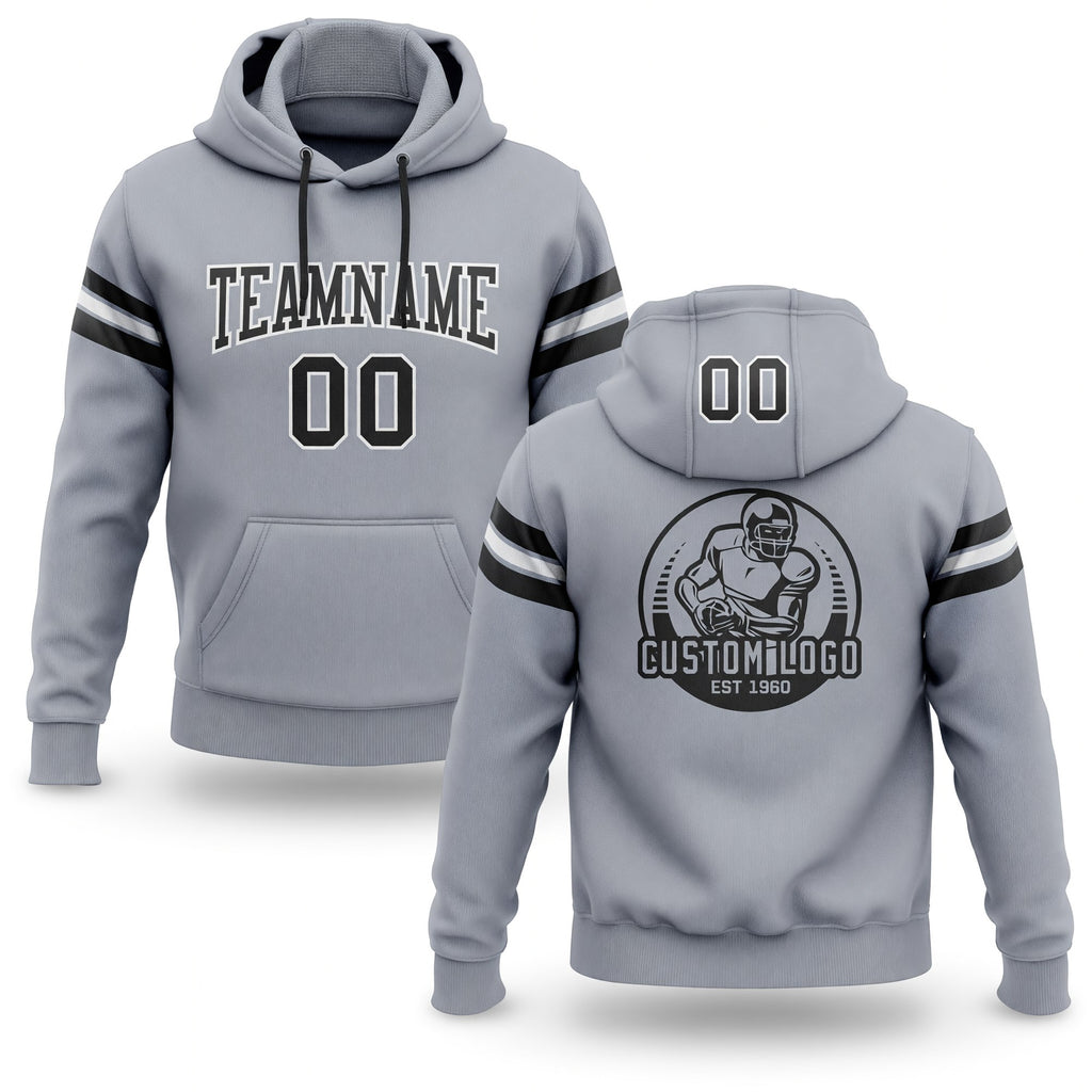 Custom Stitched Gray Black-White Football Pullover Sweatshirt Hoodie
