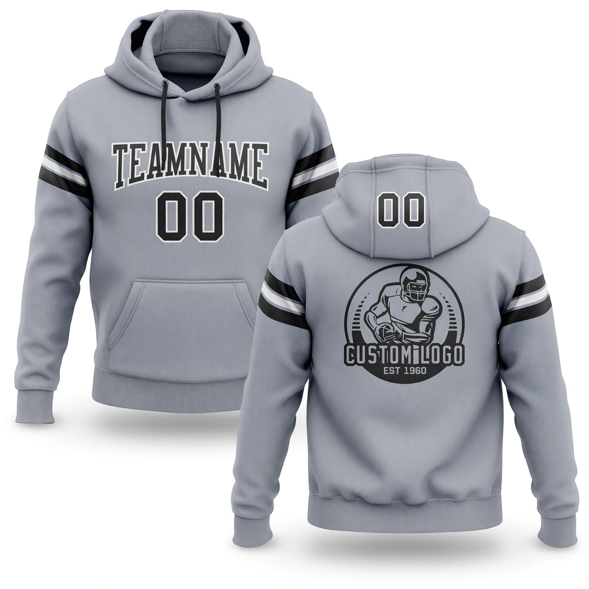 Custom Stitched Gray Black-White Football Pullover Sweatshirt Hoodie