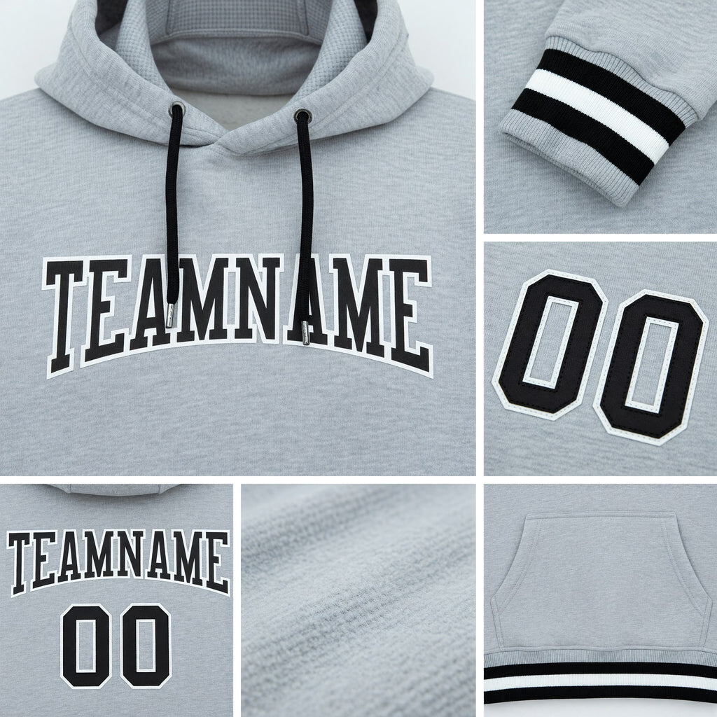 Custom Stitched Gray Black-White Football Pullover Sweatshirt Hoodie detail