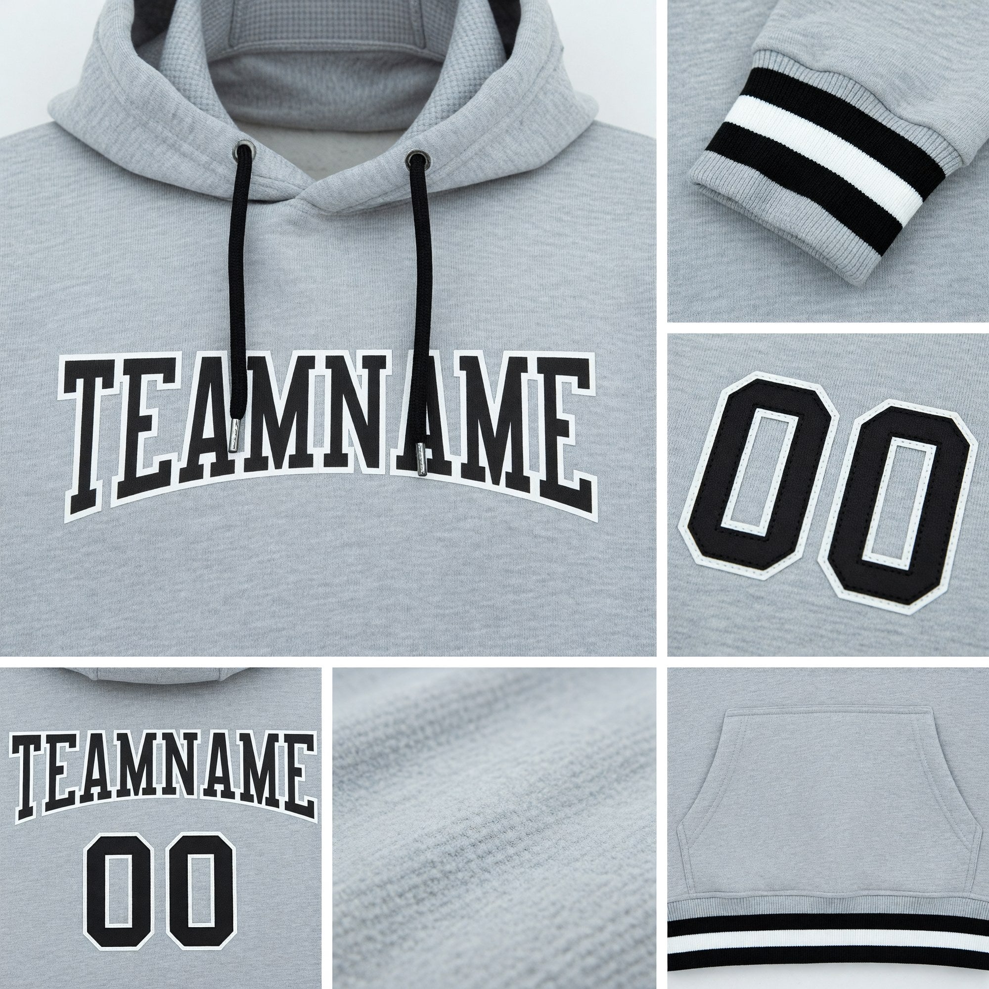 Custom Stitched Gray Black-White Football Pullover Sweatshirt Hoodie detail