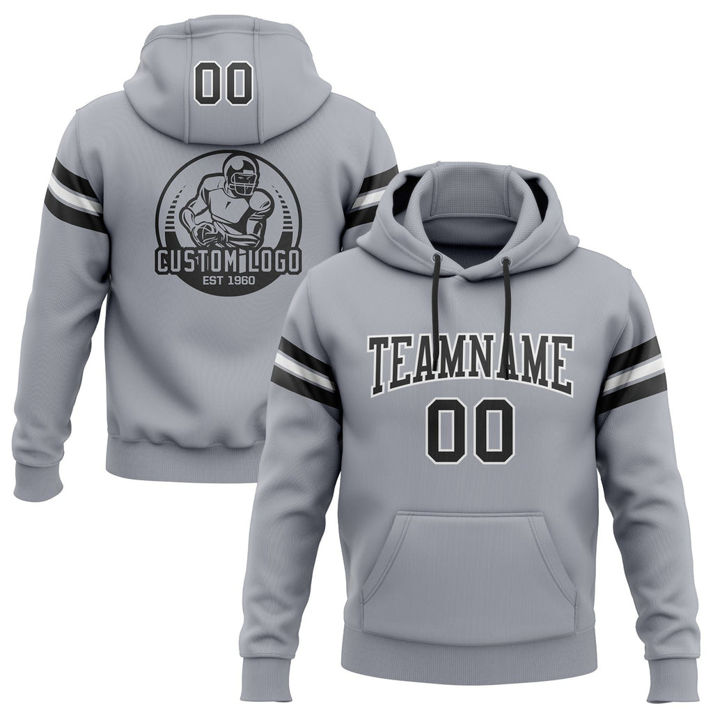 Custom Stitched Gray Black-White Football Pullover Sweatshirt Hoodie photo 1