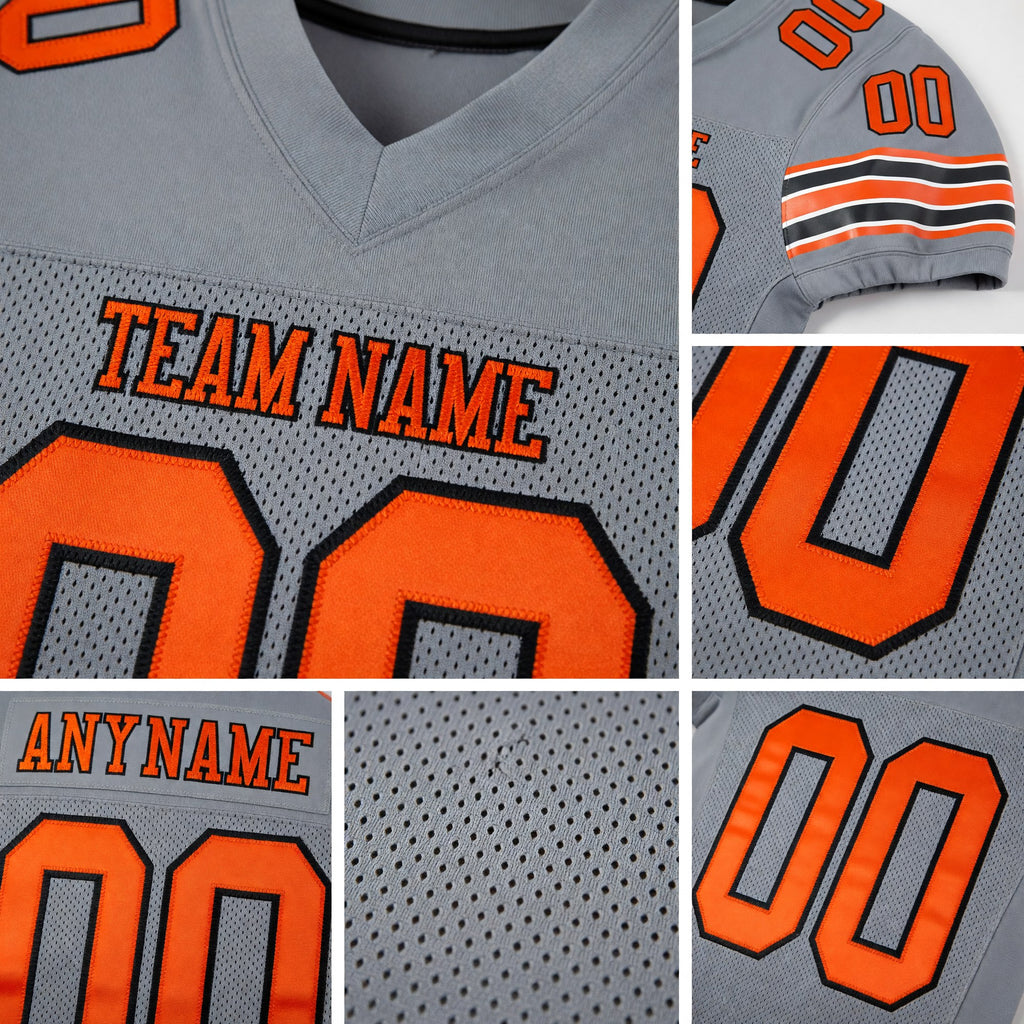 Custom Gray Orange-Black Mesh Authentic Football Jersey detail