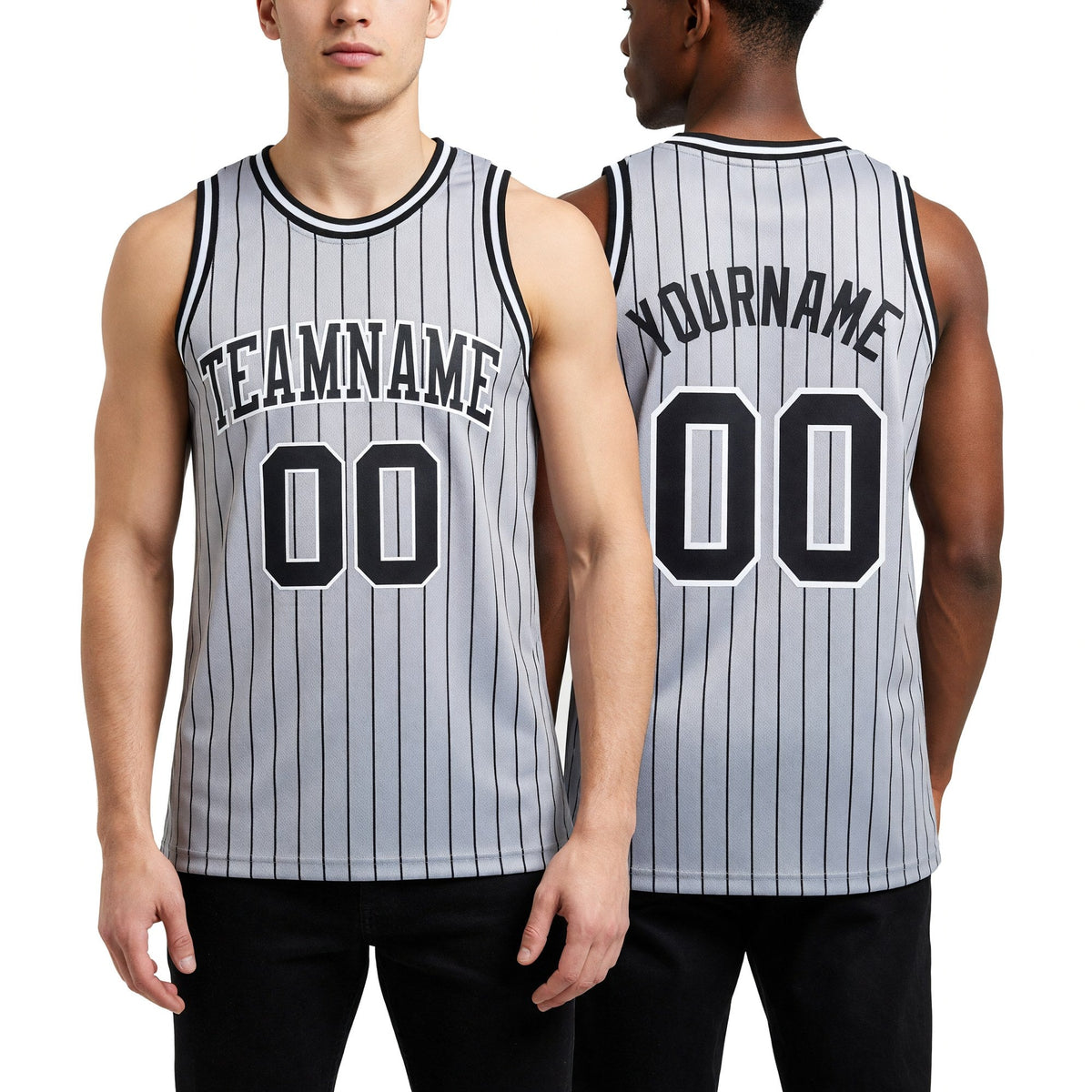 Custom Gray Black Pinstripe Black-White Authentic Basketball Jersey worn front and back