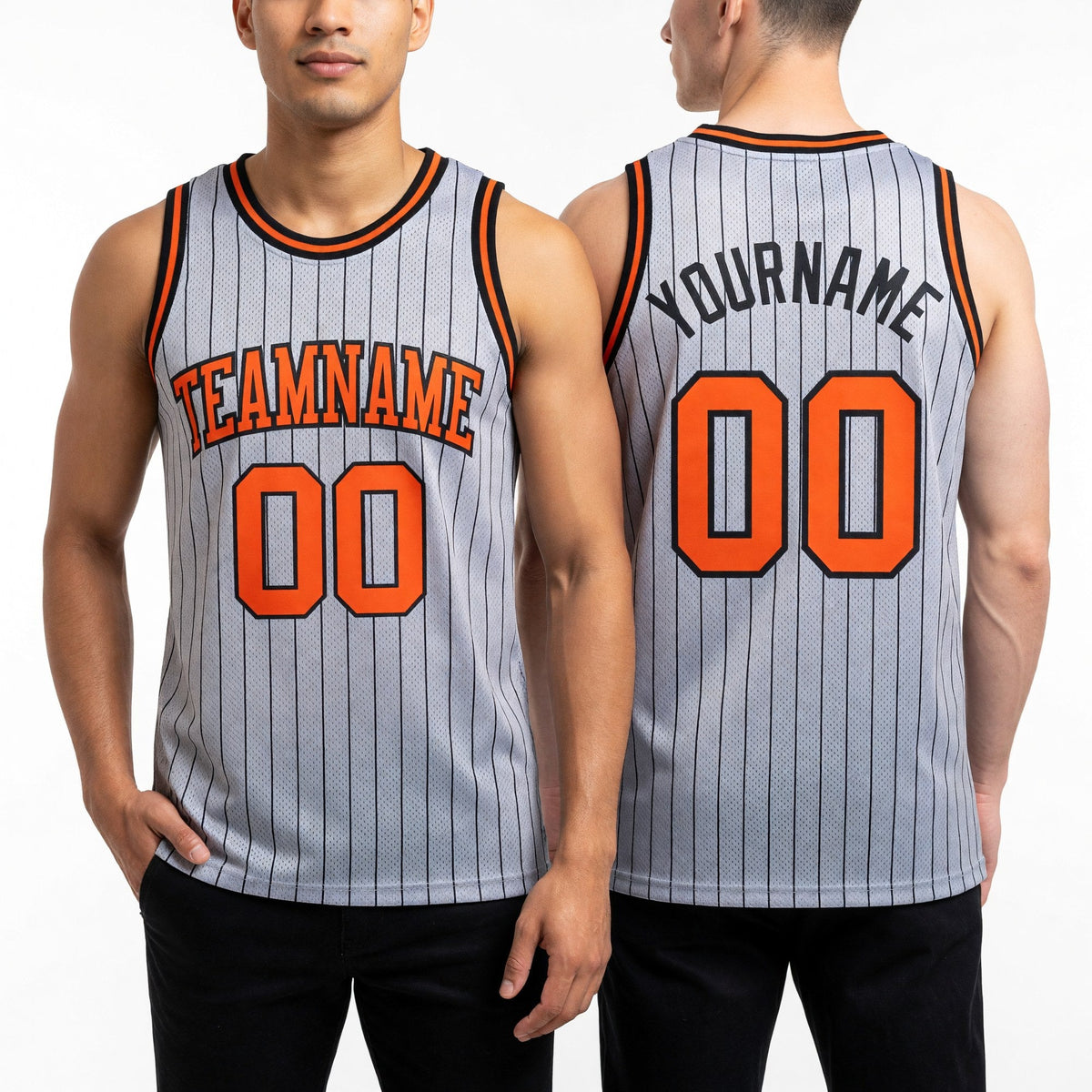 Custom Gray Black Pinstripe Orange Authentic Basketball Jersey worn front and back