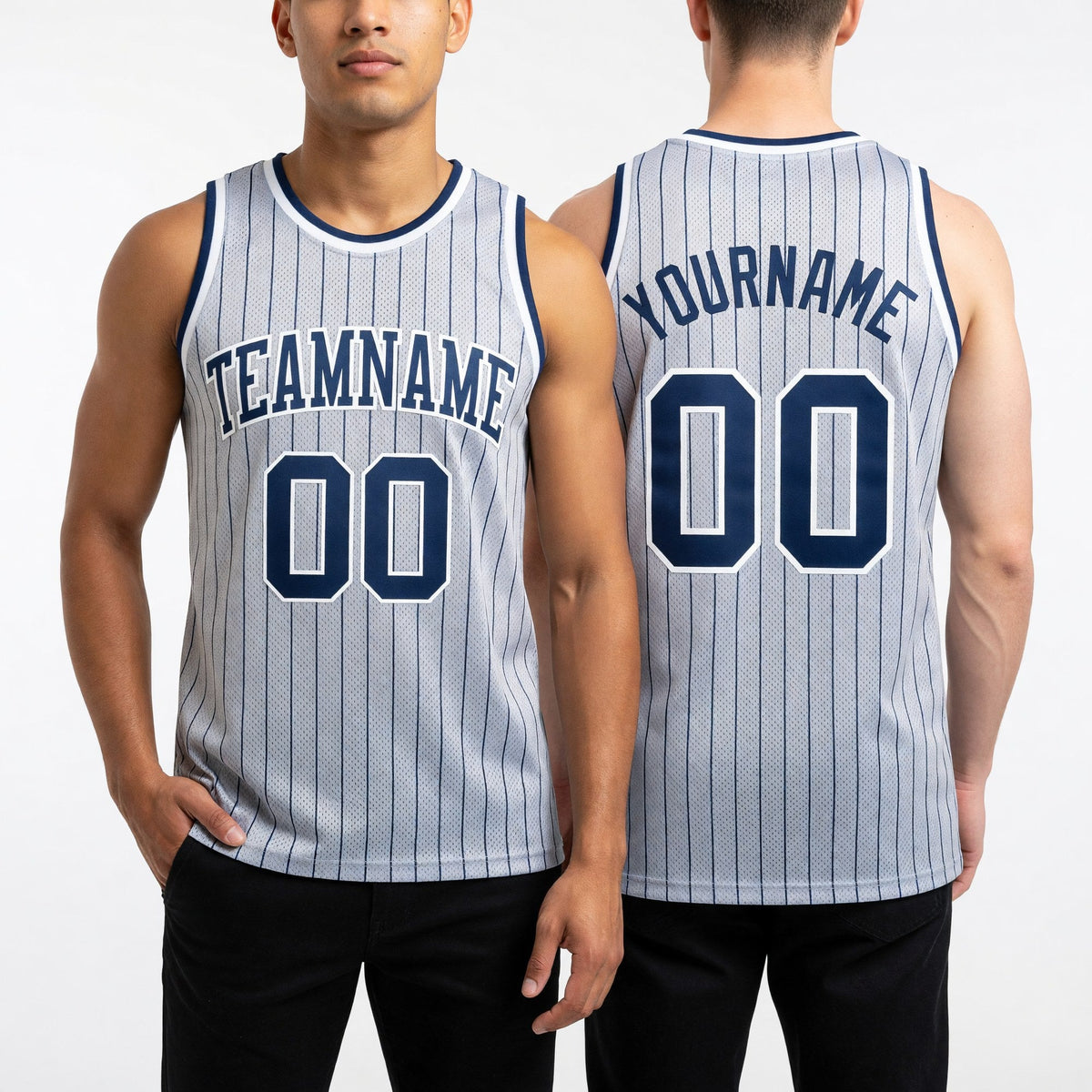 Custom Gray Navy Pinstripe Navy-White Authentic Basketball Jersey worn front and back