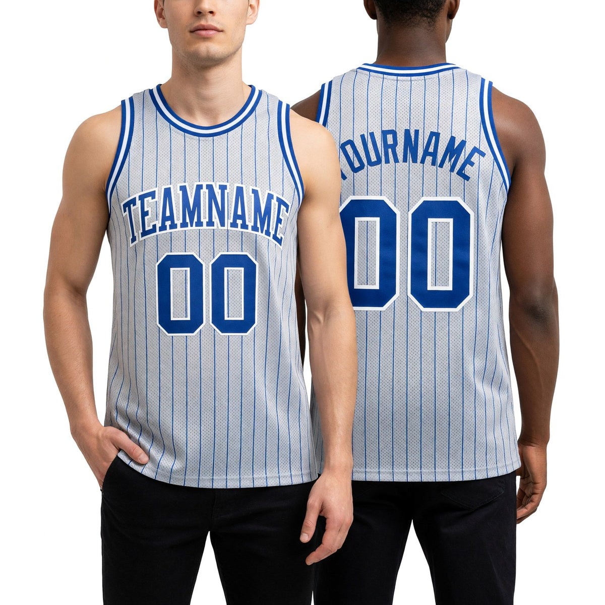 Custom Gray Royal Pinstripe Royal-White Authentic Basketball Jersey worn front and back