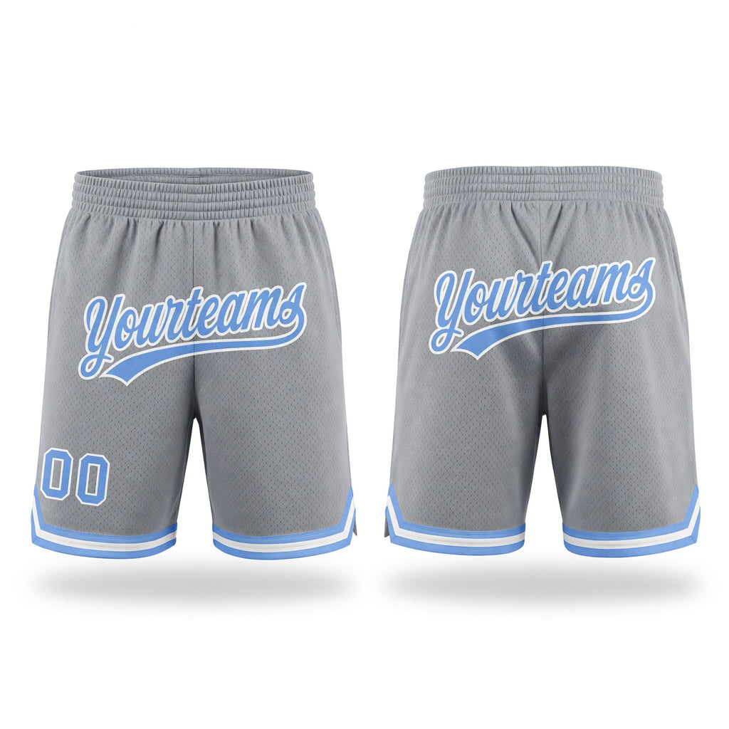 Custom Gray Light Blue-White Authentic Throwback Basketball Shorts