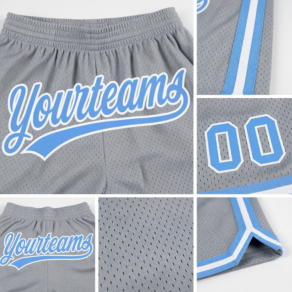Custom Gray Light Blue-White Authentic Throwback Basketball Shorts detail