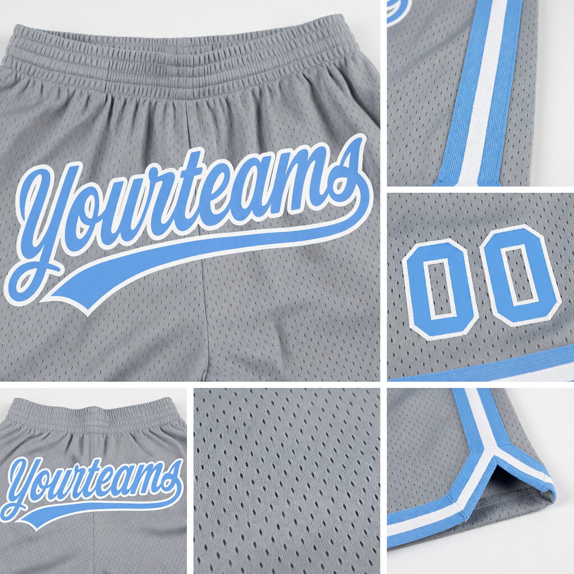 Custom Gray Light Blue-White Authentic Throwback Basketball Shorts detail