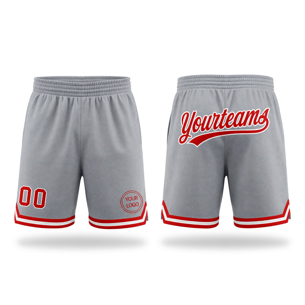 Custom Gray Red-White Authentic Throwback Basketball Shorts