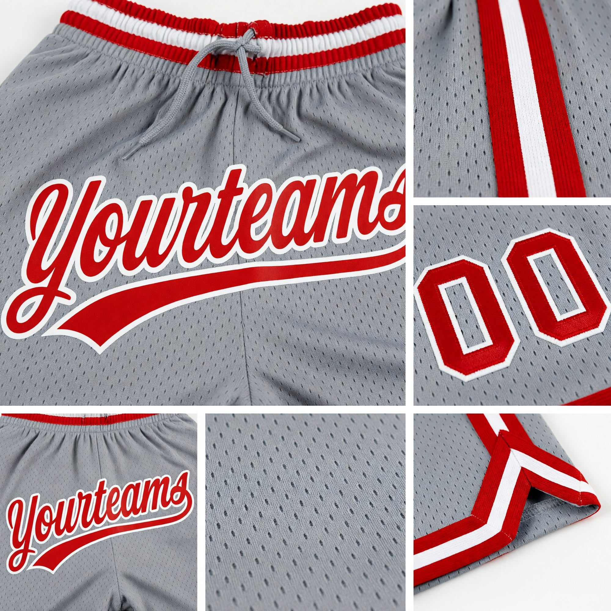 Custom Gray Red-White Authentic Throwback Basketball Shorts detail