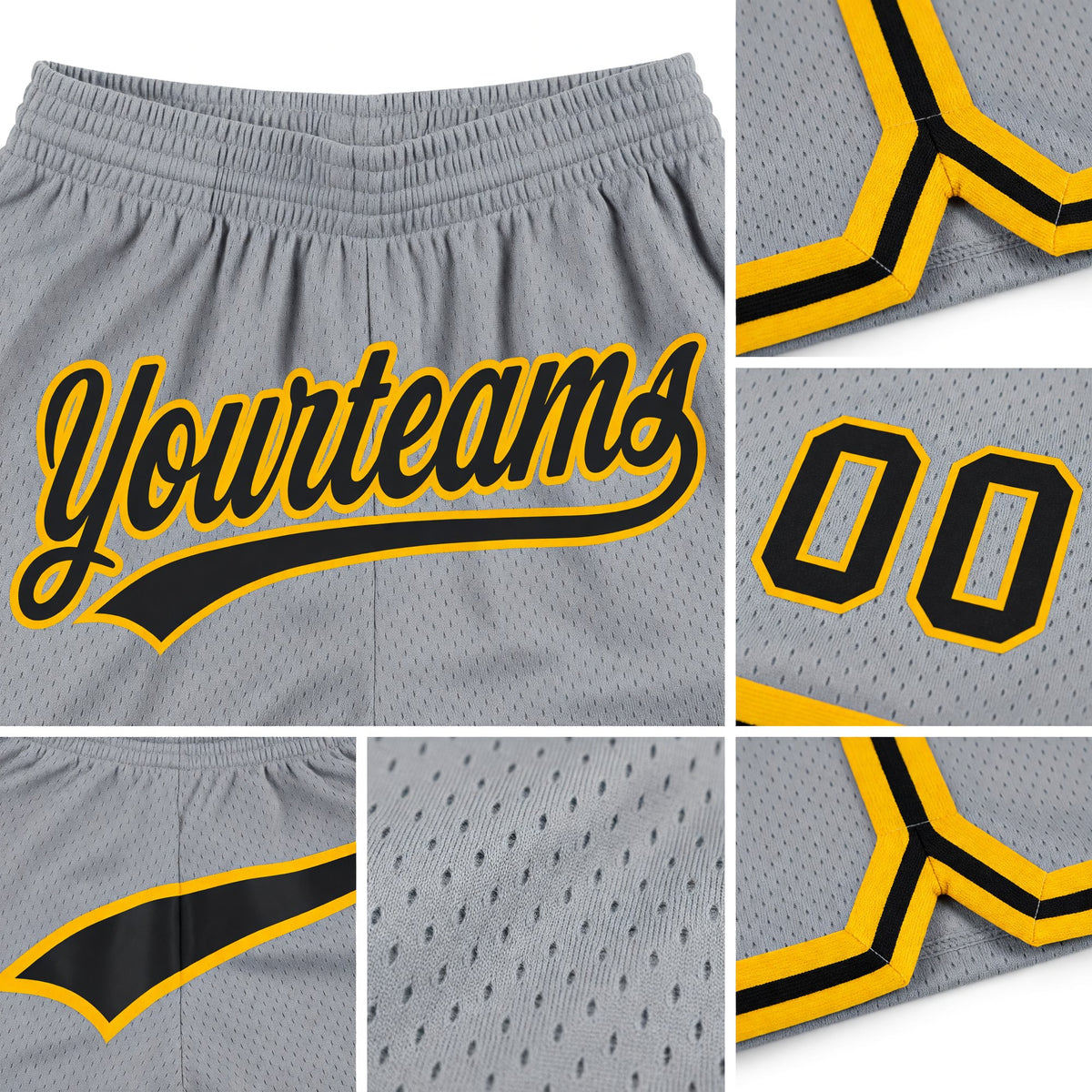 Custom Gray Black-Gold Authentic Throwback Basketball Shorts detail