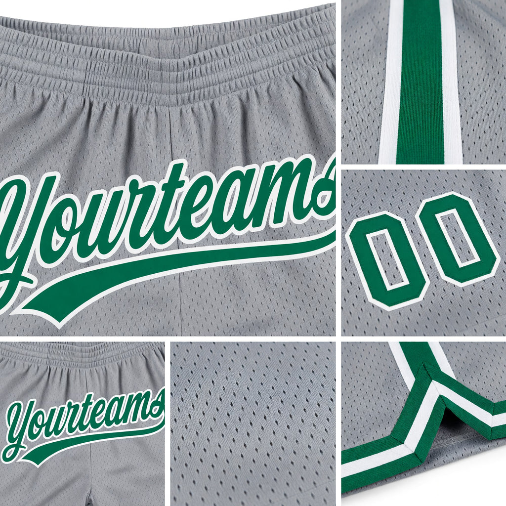 Custom Gray Kelly Green-White Authentic Throwback Basketball Shorts detail