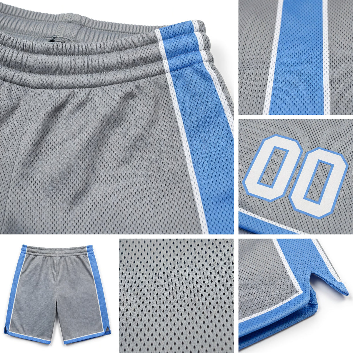Custom Gray White-Light Blue Authentic Basketball Shorts detail