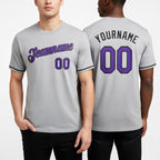 Custom Gray Purple-Black Performance T-Shirt worn front and back