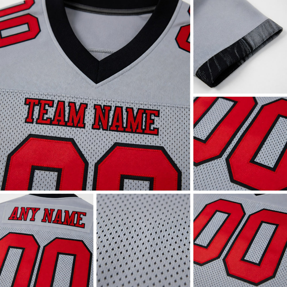 Custom Gray Red-Black Mesh Authentic Football Jersey detail