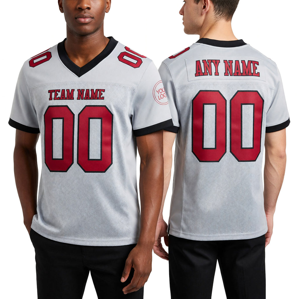 Custom Gray Crimson-Black Mesh Authentic Football Jersey worn front and back