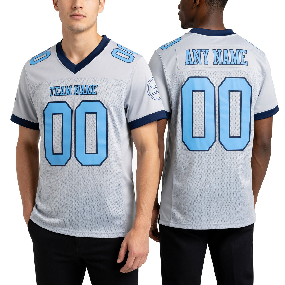 Custom Gray Light Blue-Navy Mesh Authentic Football Jersey worn front and back