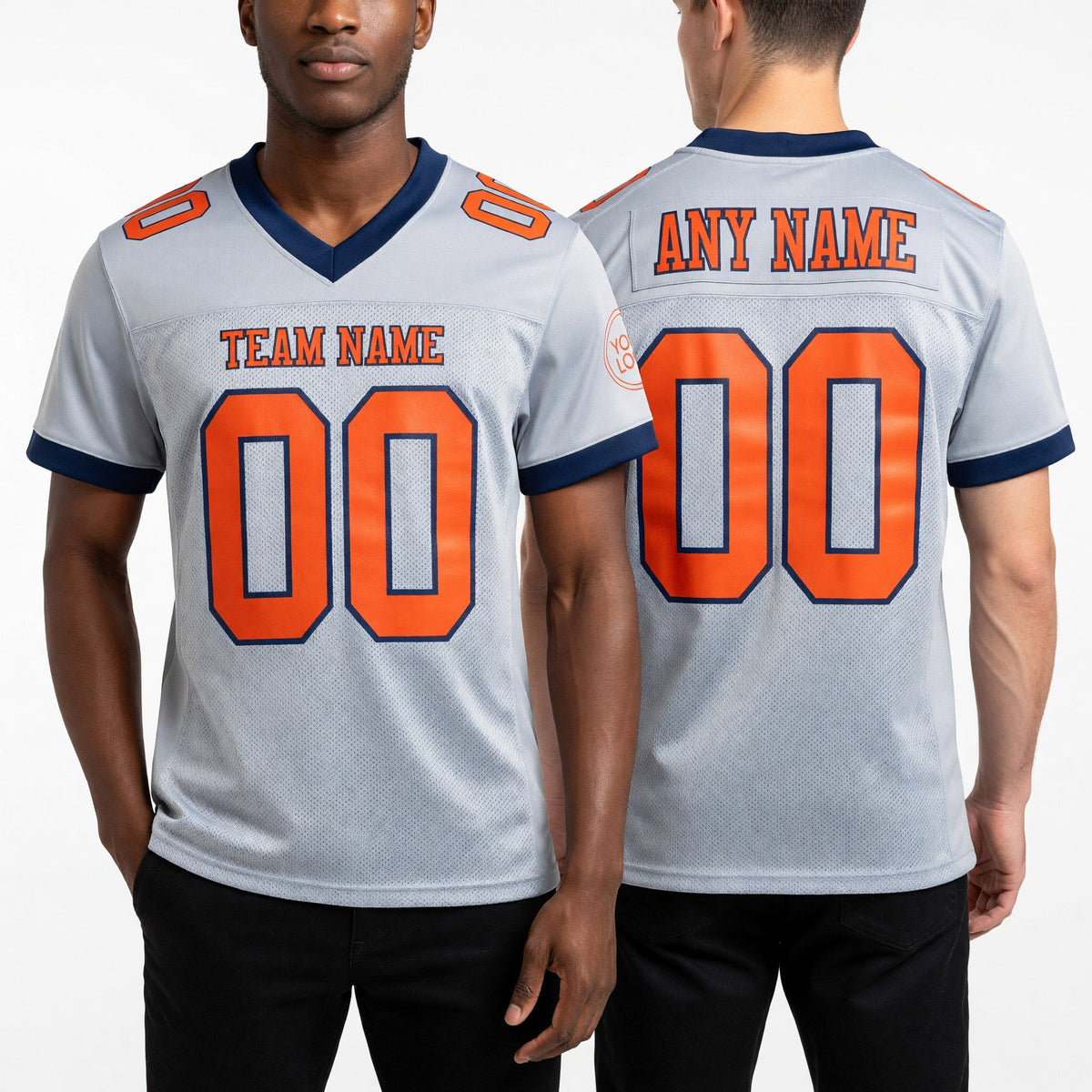 Custom Gray Orange-Navy Mesh Authentic Football Jersey worn front and back