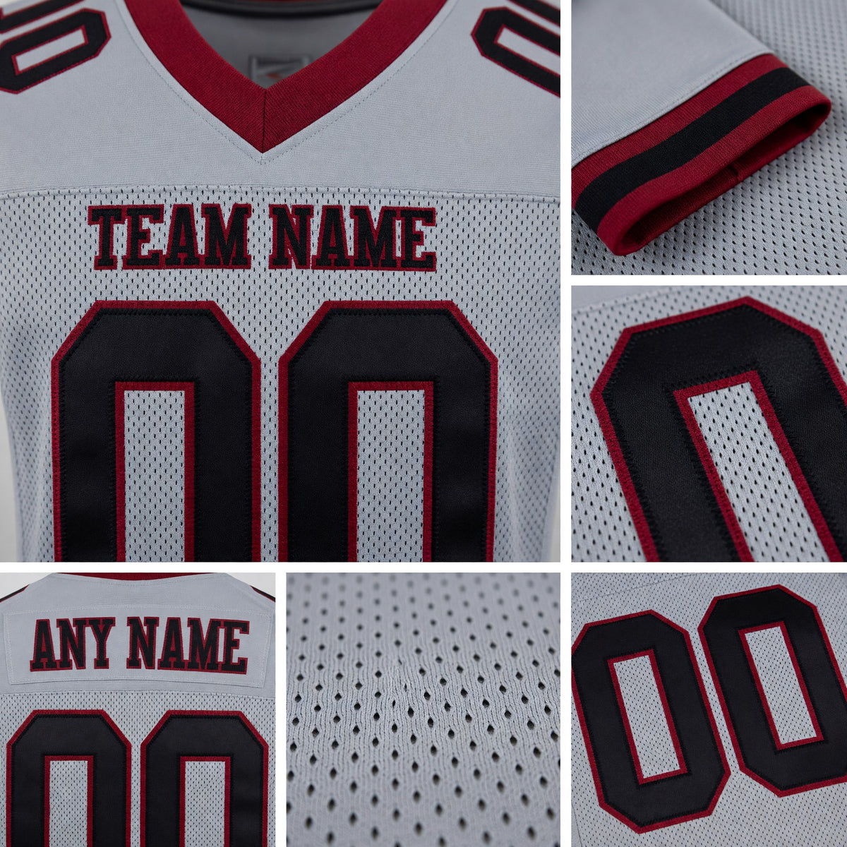 Custom Gray Black-Burgundy Mesh Authentic Football Jersey detail