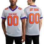 Custom Gray Orange-Purple Mesh Authentic Football Jersey worn front and back