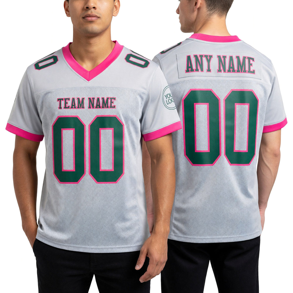 Custom Gray Kelly Green-Pink Mesh Authentic Football Jersey worn front and back