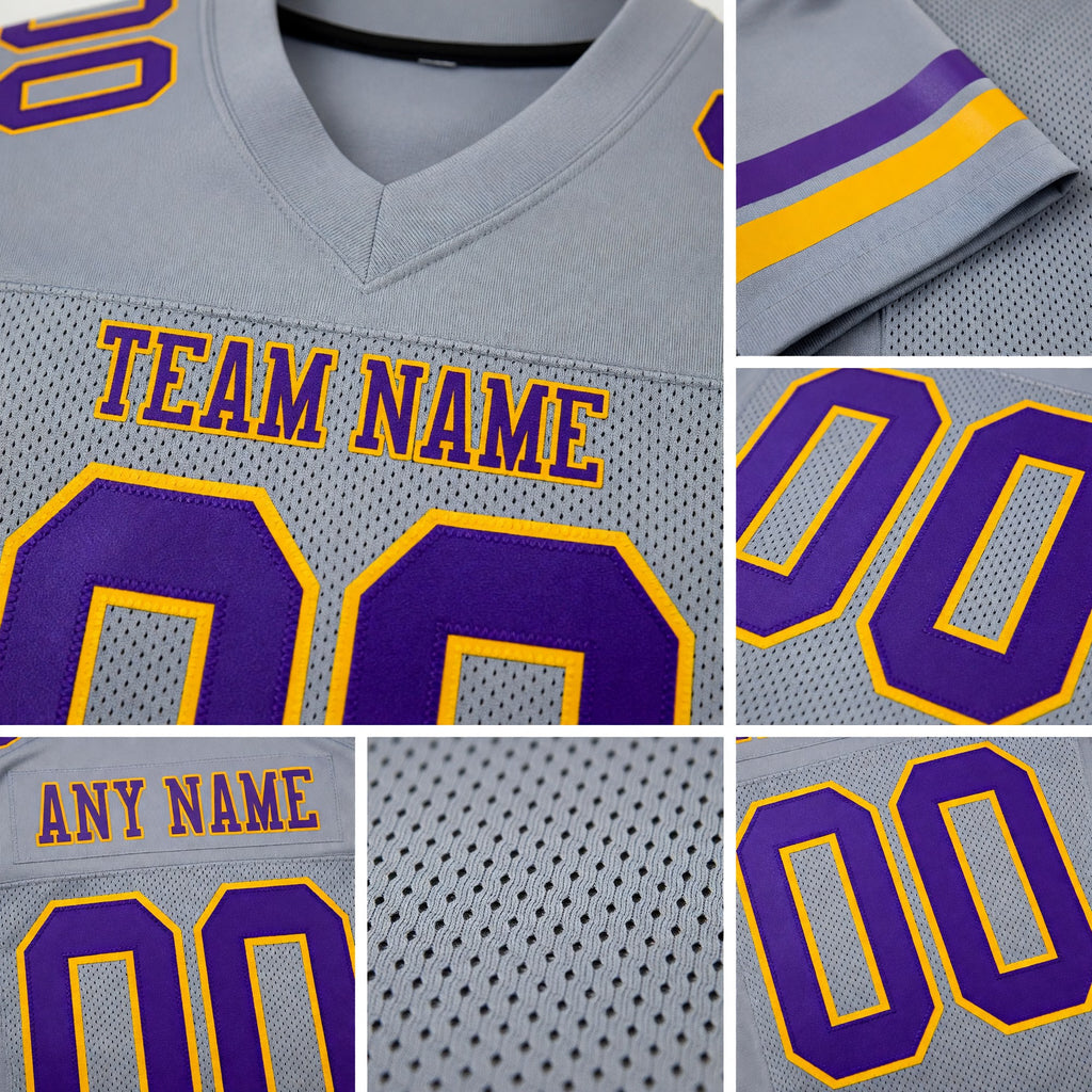 Custom Gray Purple-Gold Mesh Authentic Football Jersey detail
