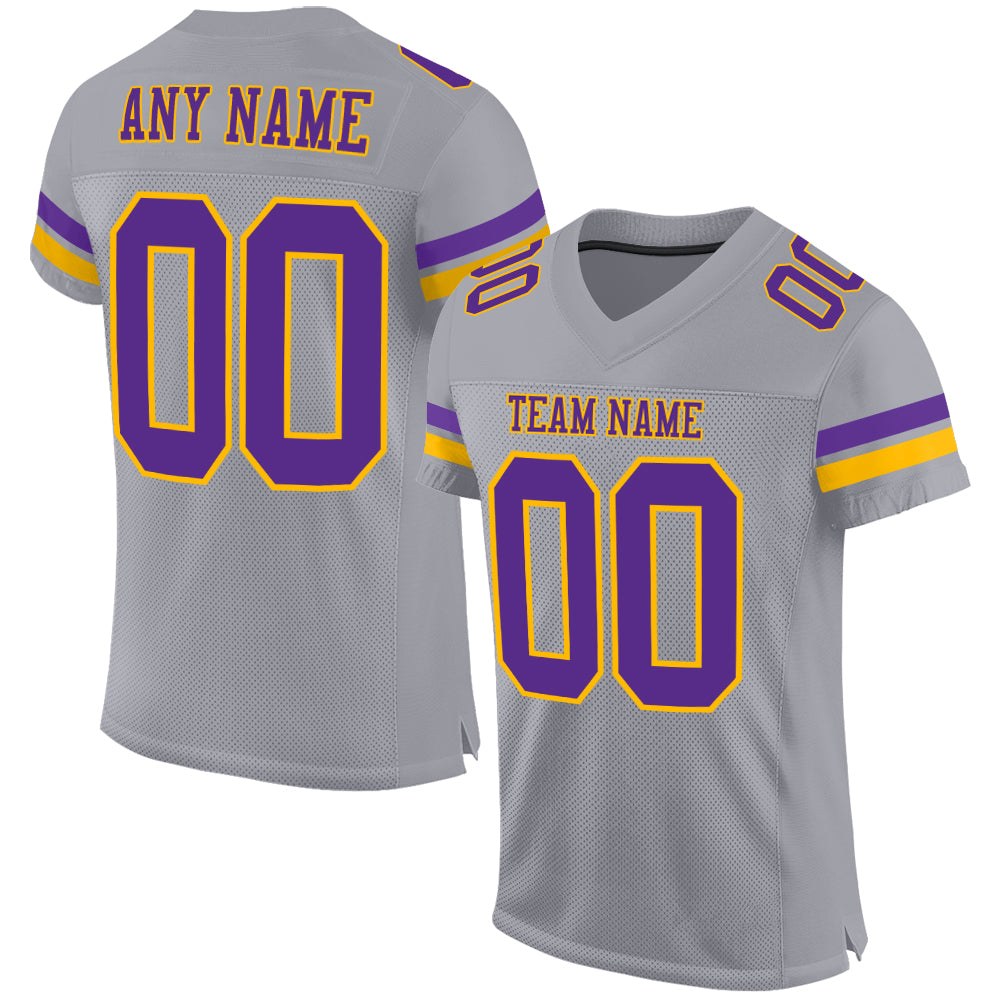 Custom Gray Purple-Gold Mesh Authentic Football Jersey photo 1