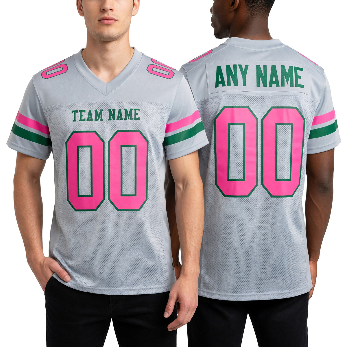 Custom Gray Pink-Kelly Green Mesh Authentic Football Jersey worn front and back