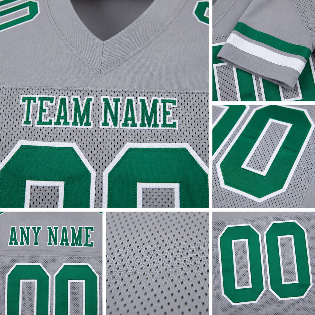 Custom Gray Kelly Green-White Mesh Authentic Football Jersey detail