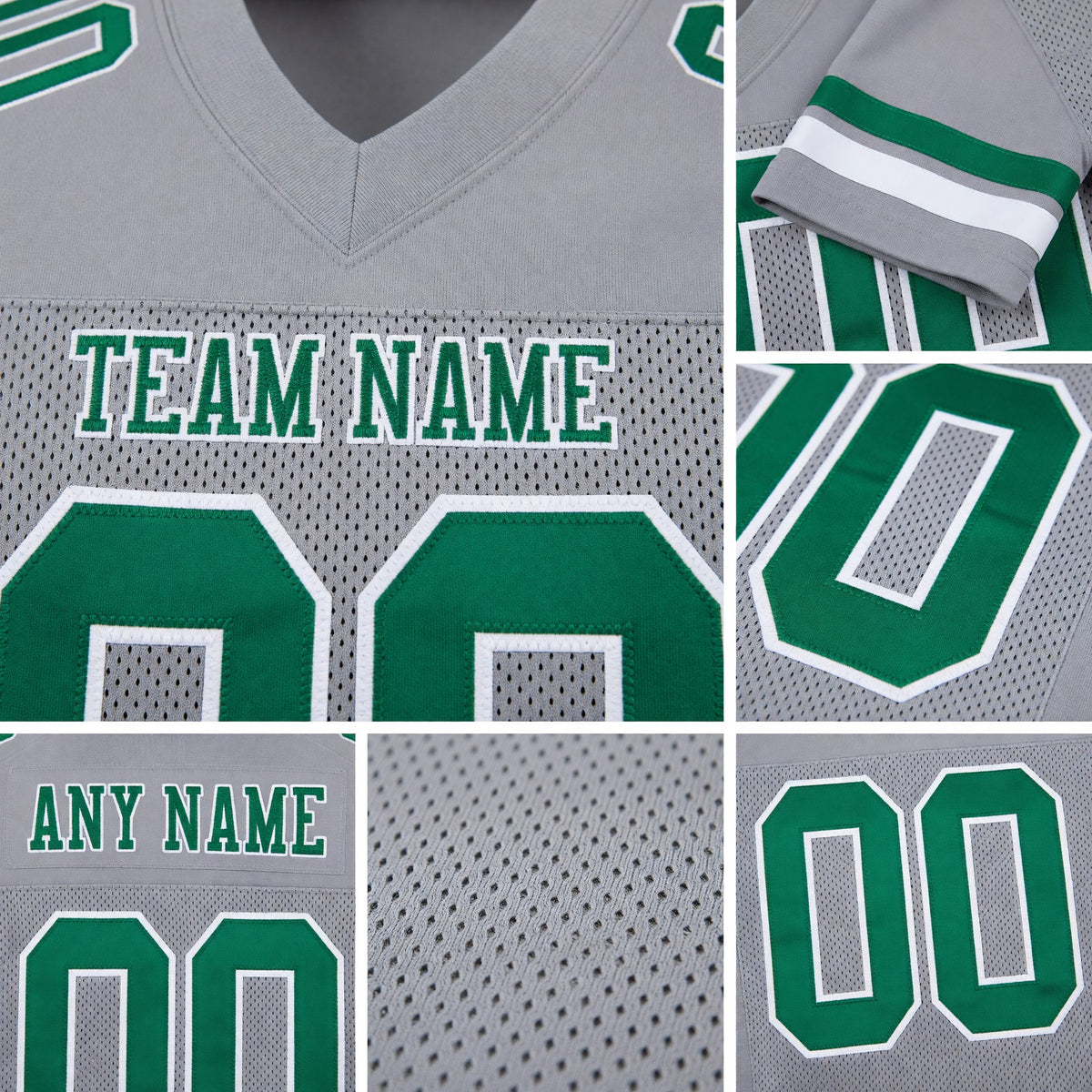 Custom Gray Kelly Green-White Mesh Authentic Football Jersey detail