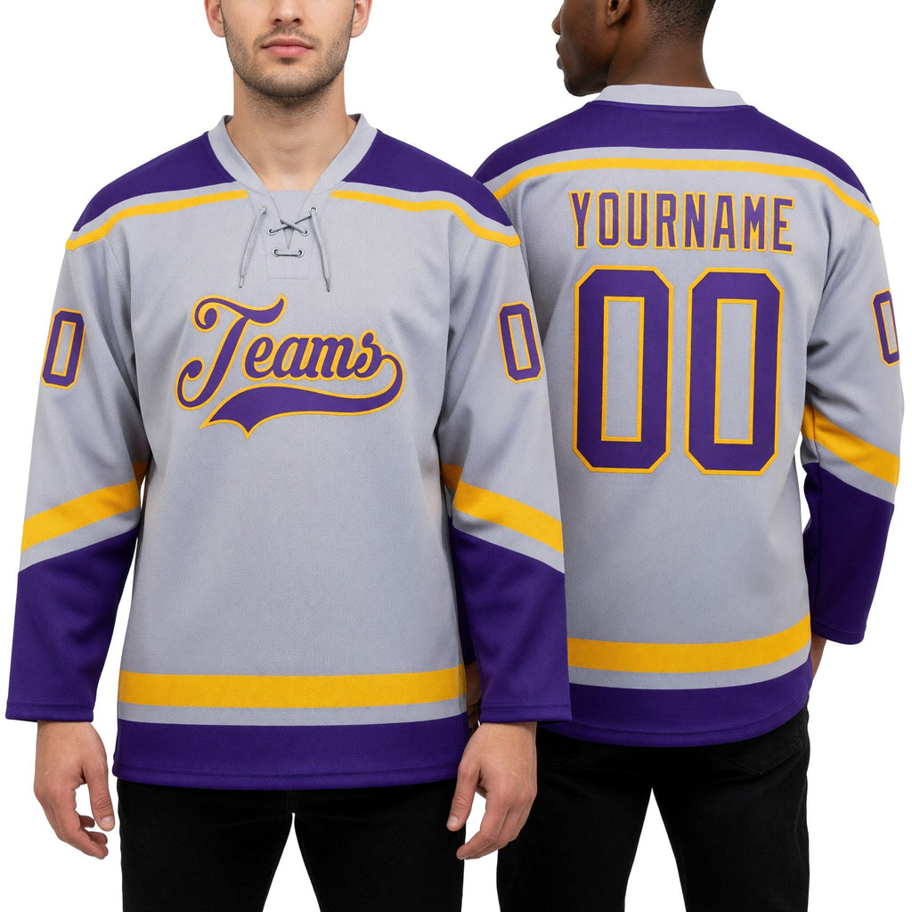 Custom Gray Purple-Gold Hockey Lace Neck Jersey worn front and back