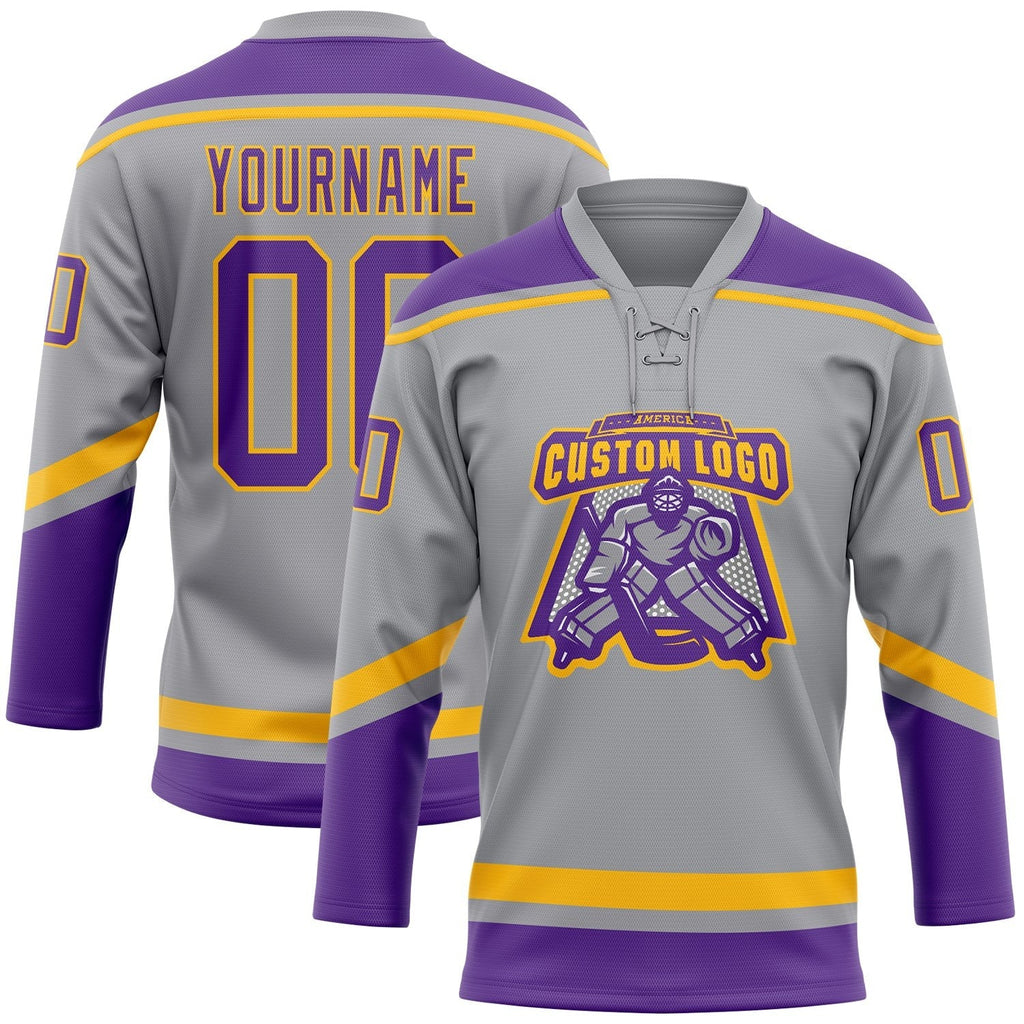 Custom Gray Purple-Gold Hockey Lace Neck Jersey photo 2