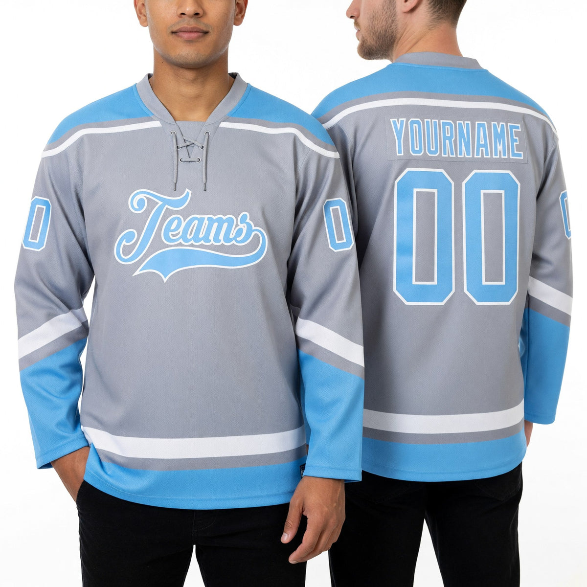 Custom Gray Light Blue-White Hockey Lace Neck Jersey worn front and back