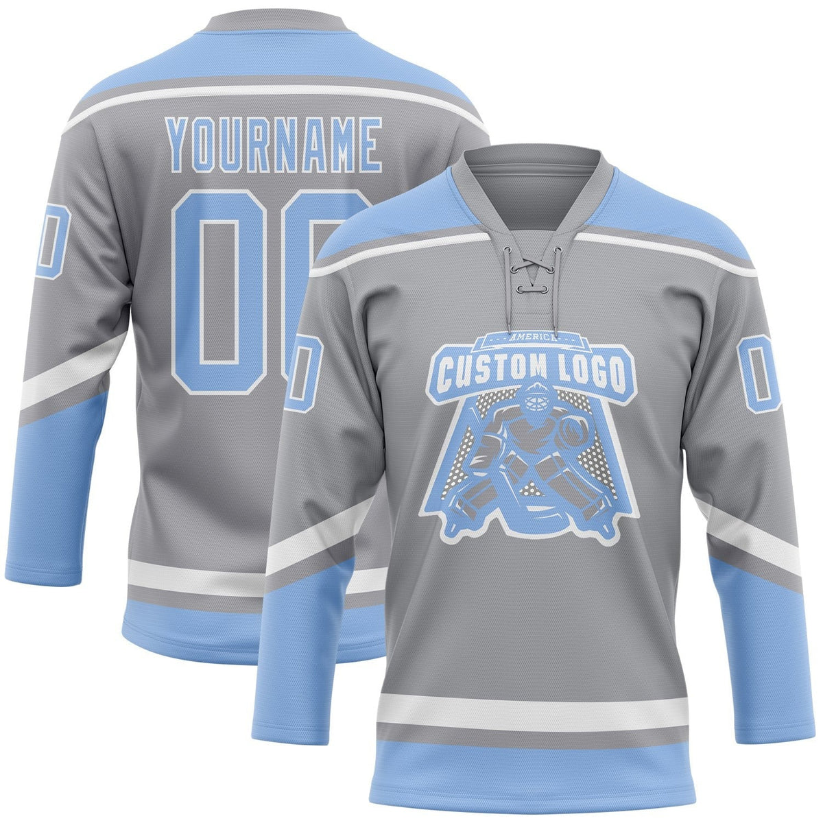 Custom Gray Light Blue-White Hockey Lace Neck Jersey photo 2