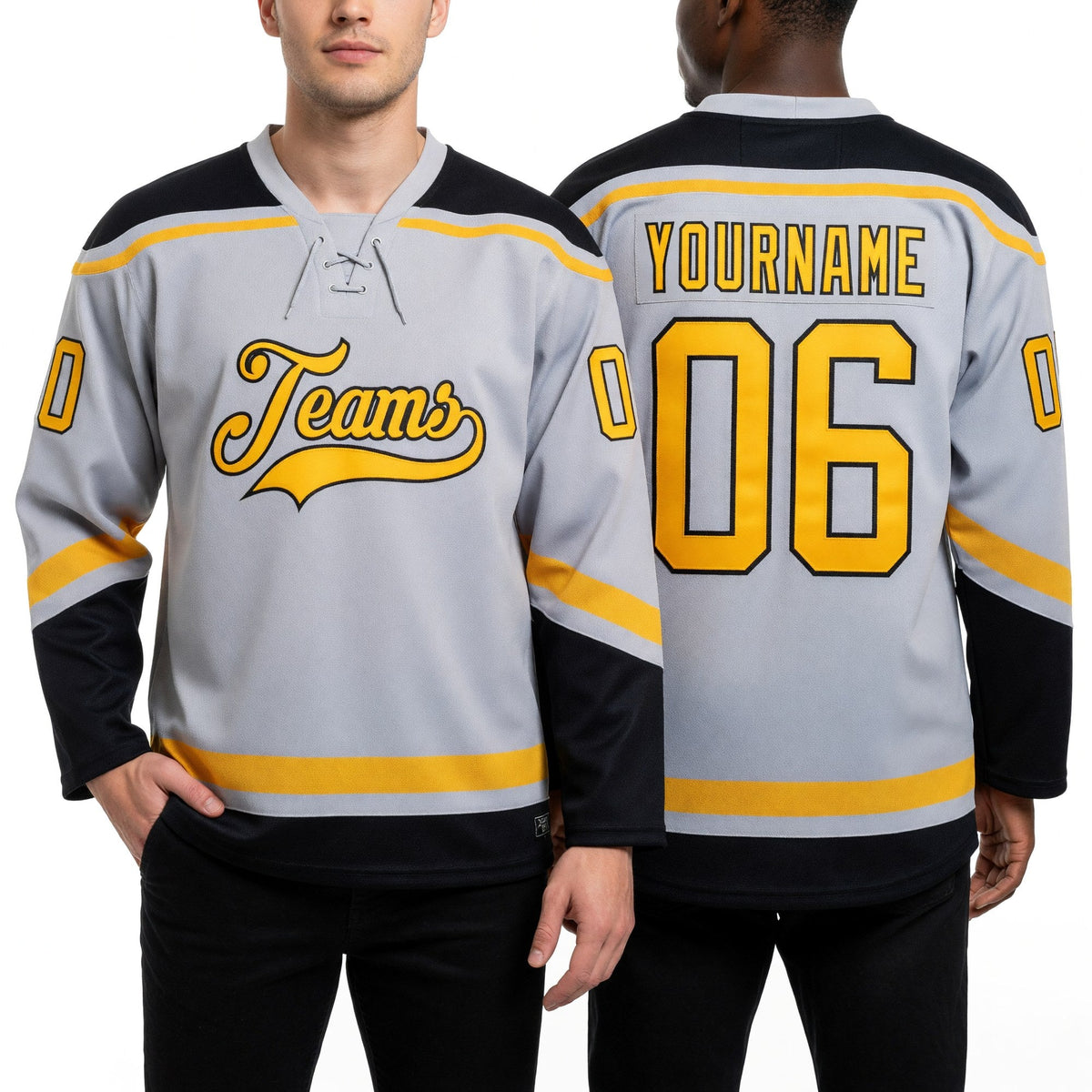 Custom Gray Old Gold-Black Hockey Lace Neck Jersey worn front and back