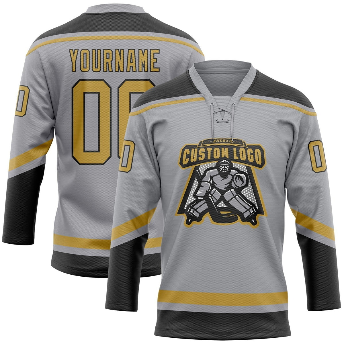 Custom Gray Old Gold-Black Hockey Lace Neck Jersey photo 2