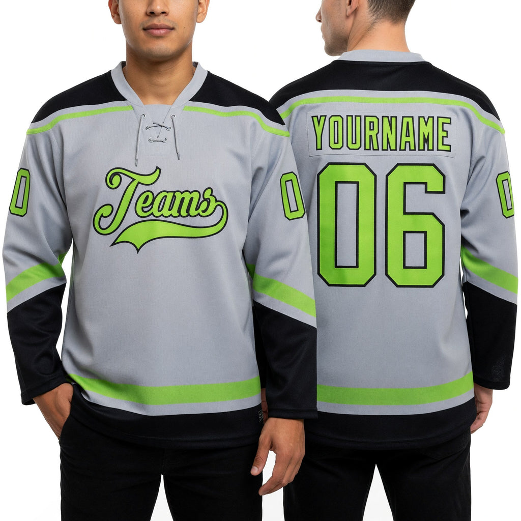 Custom Gray Neon Green-Black Hockey Lace Neck Jersey worn front and back