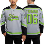 Custom Gray Neon Green-Black Hockey Lace Neck Jersey worn front and back