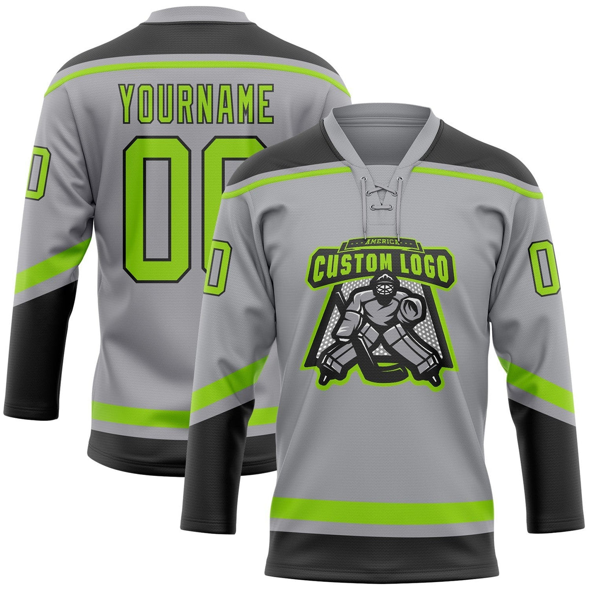 Custom Gray Neon Green-Black Hockey Lace Neck Jersey photo 2