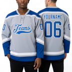 Custom Gray Royal-White Hockey Lace Neck Jersey worn front and back
