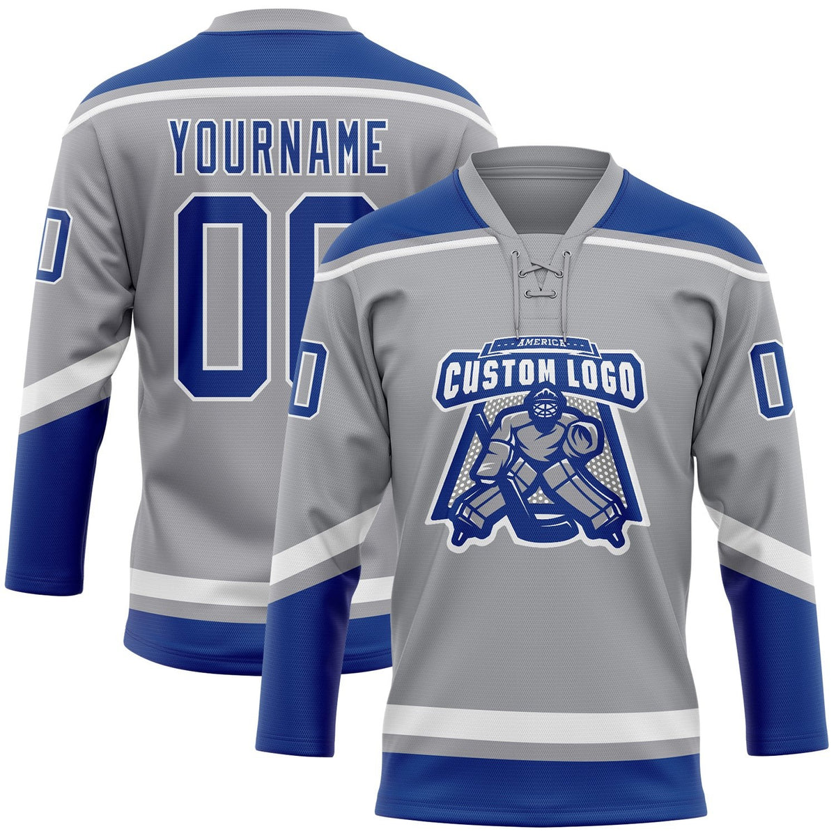 Custom Gray Royal-White Hockey Lace Neck Jersey photo 2